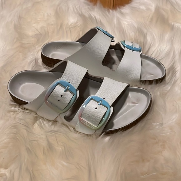 Birkenstock Shoes - Birkenstock Arizona White Leather sandals with Big Rainbow Buckles Size 38